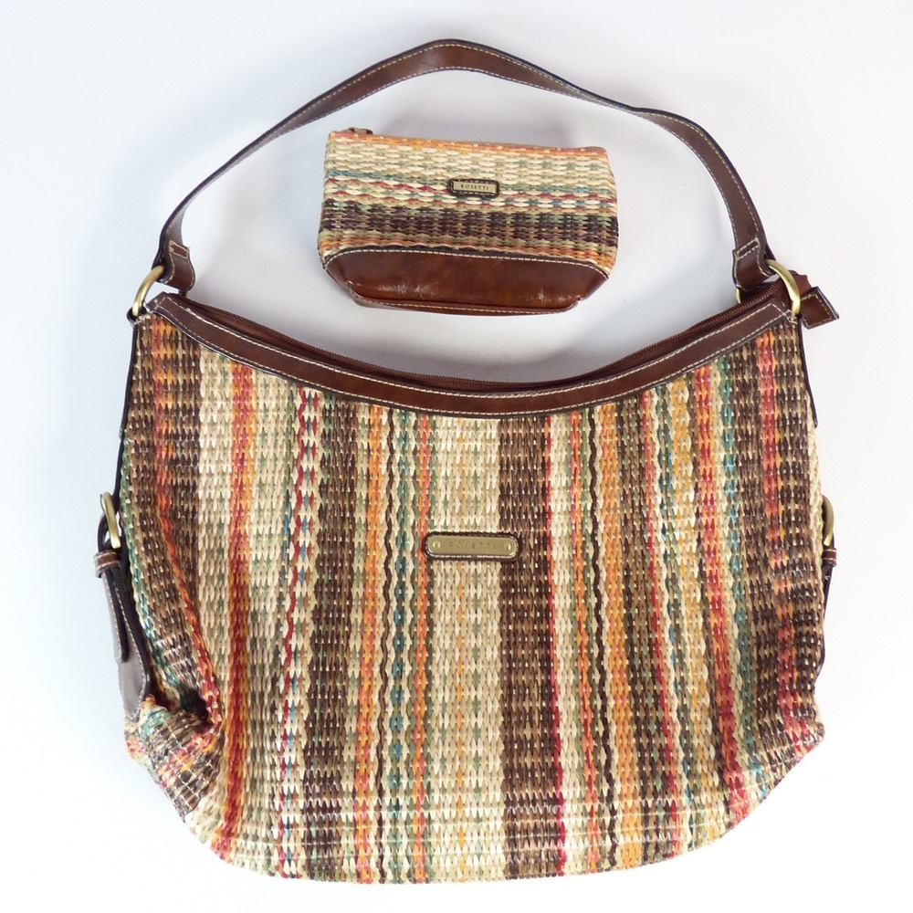 Striped Woven Straw Hobo Shoulder Bag Purse Pouch Multi Brown Y2K EUC Rosetti